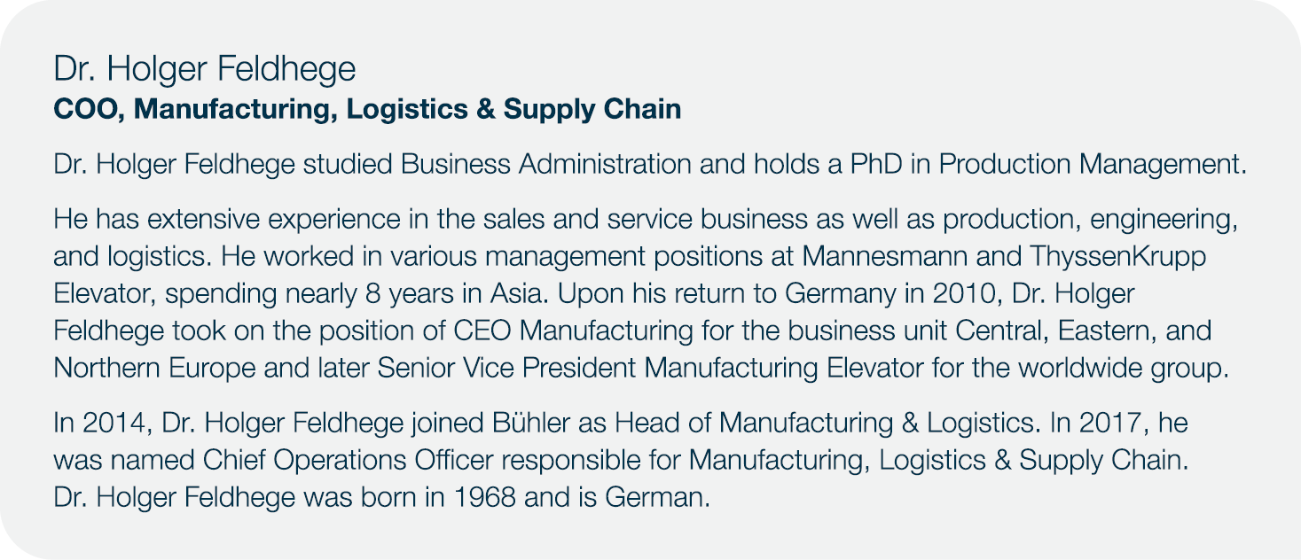 Dr. Holger Feldhege COO, Manufacturing, Logistics & Supply Chain Dr. Holger Feldhege studied Business Administration ...