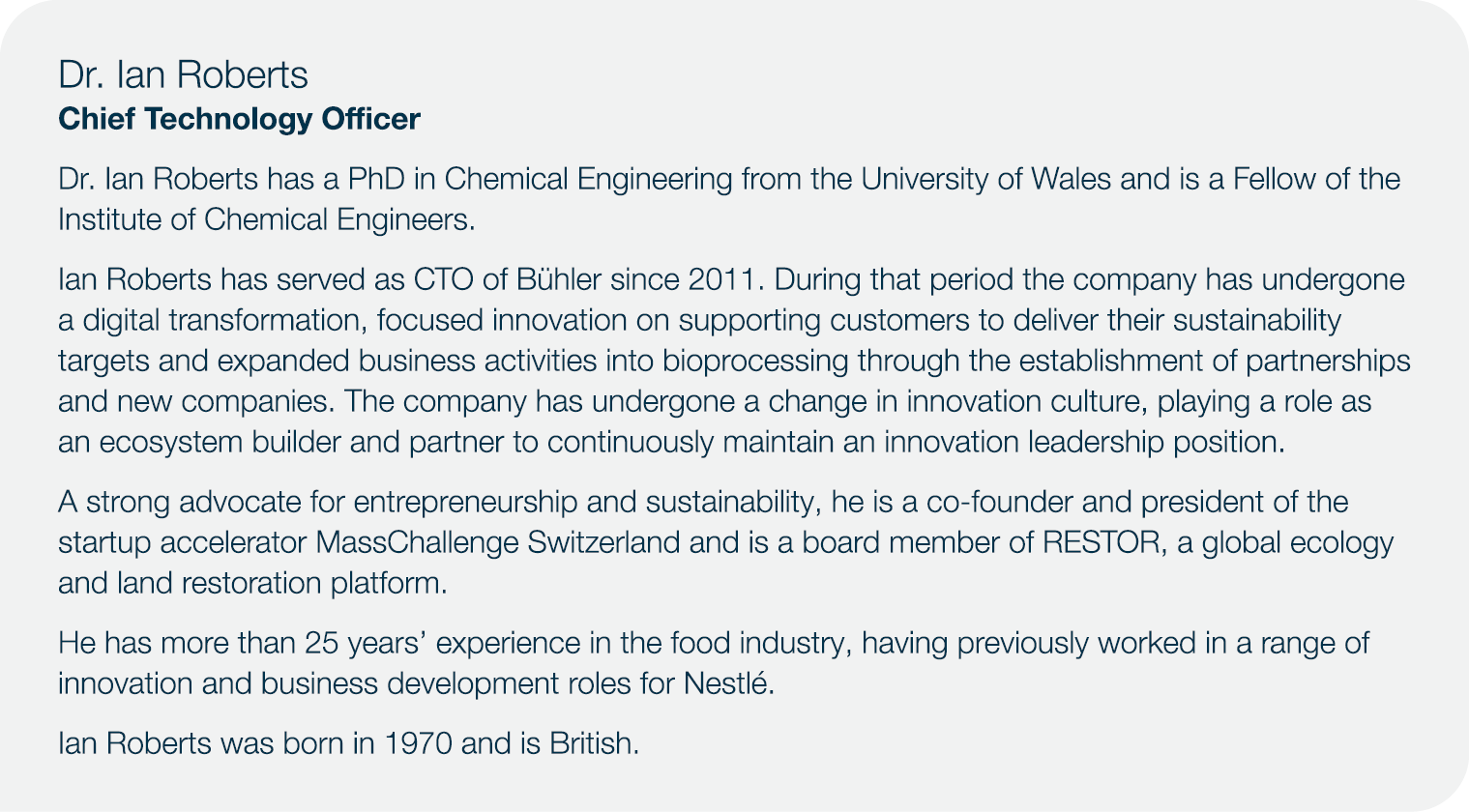 Dr. Ian Roberts Chief Technology Officer Dr. Ian Roberts has a PhD in Chemical Engineering from the University of Wal...